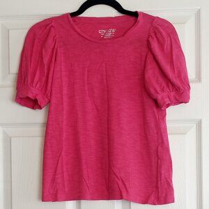 Chico's Pink Crewneck Puff Short Sleeve Cotton Tshirt